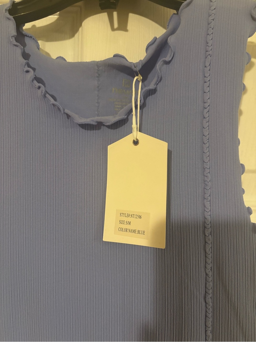 (NWT) Blue Ribbed Ruffle-Trim Tank Top - Picture 2 of 3